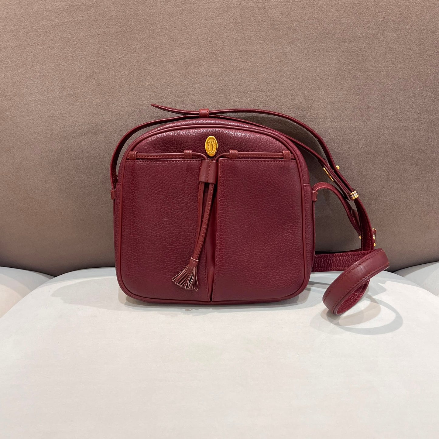 Cartier Vintage Bordeaux Leather Tassel Shoulder Bag With Pouch
