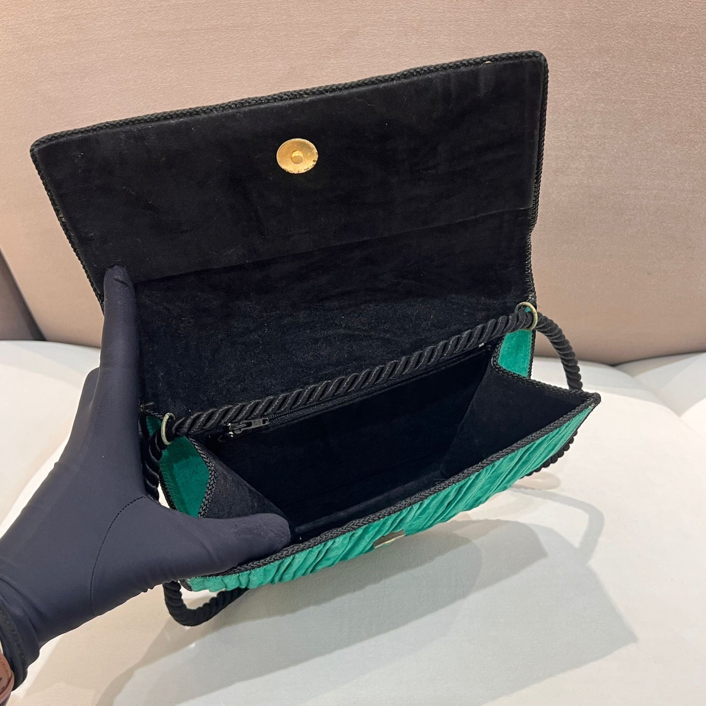 Christian Dior Vintage Emerald Pleated Silk Half Moon Shoulder Bag
