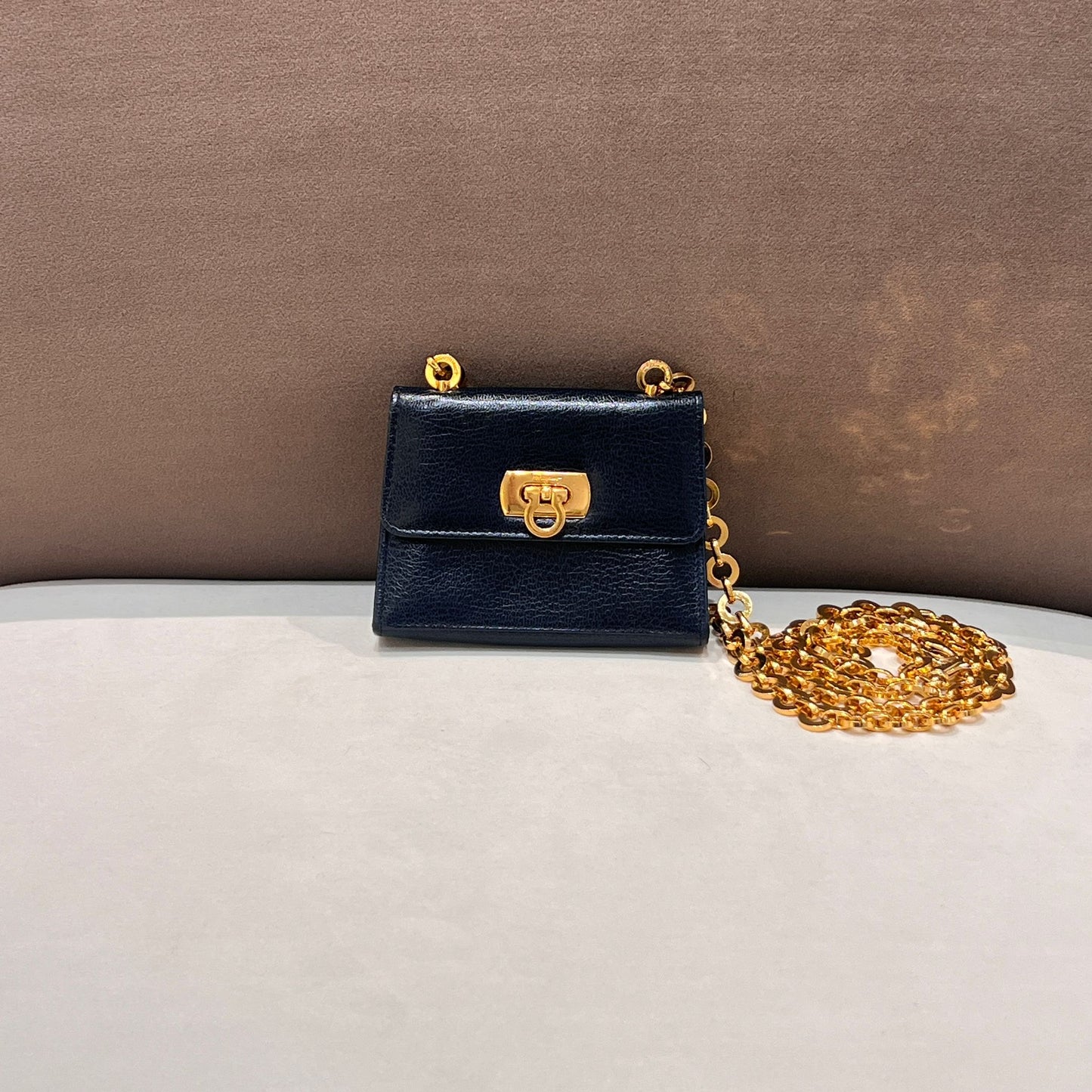 Ferragamo Vintage Gancini Navy Leather Mini Chain Shoulder Bag