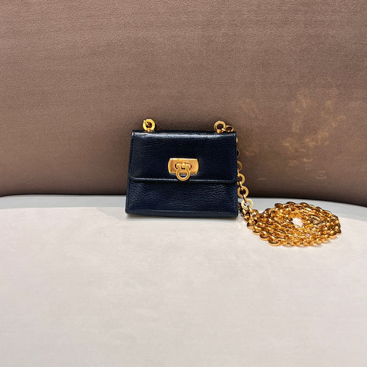 Ferragamo Vintage Gancini Navy Leather Mini Chain Shoulder Bag