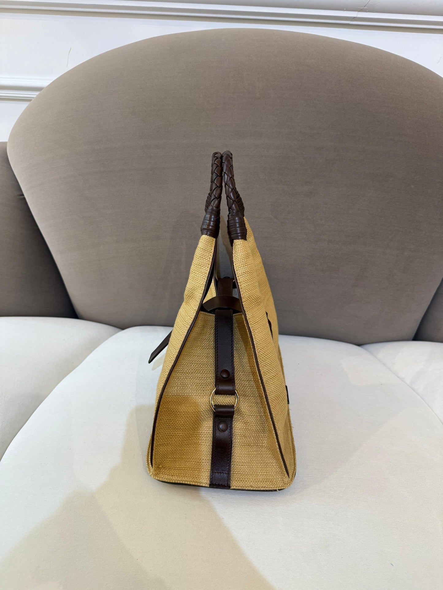 Bottega Veneta Vintage Woven Handle Raffia & Leather Handbag