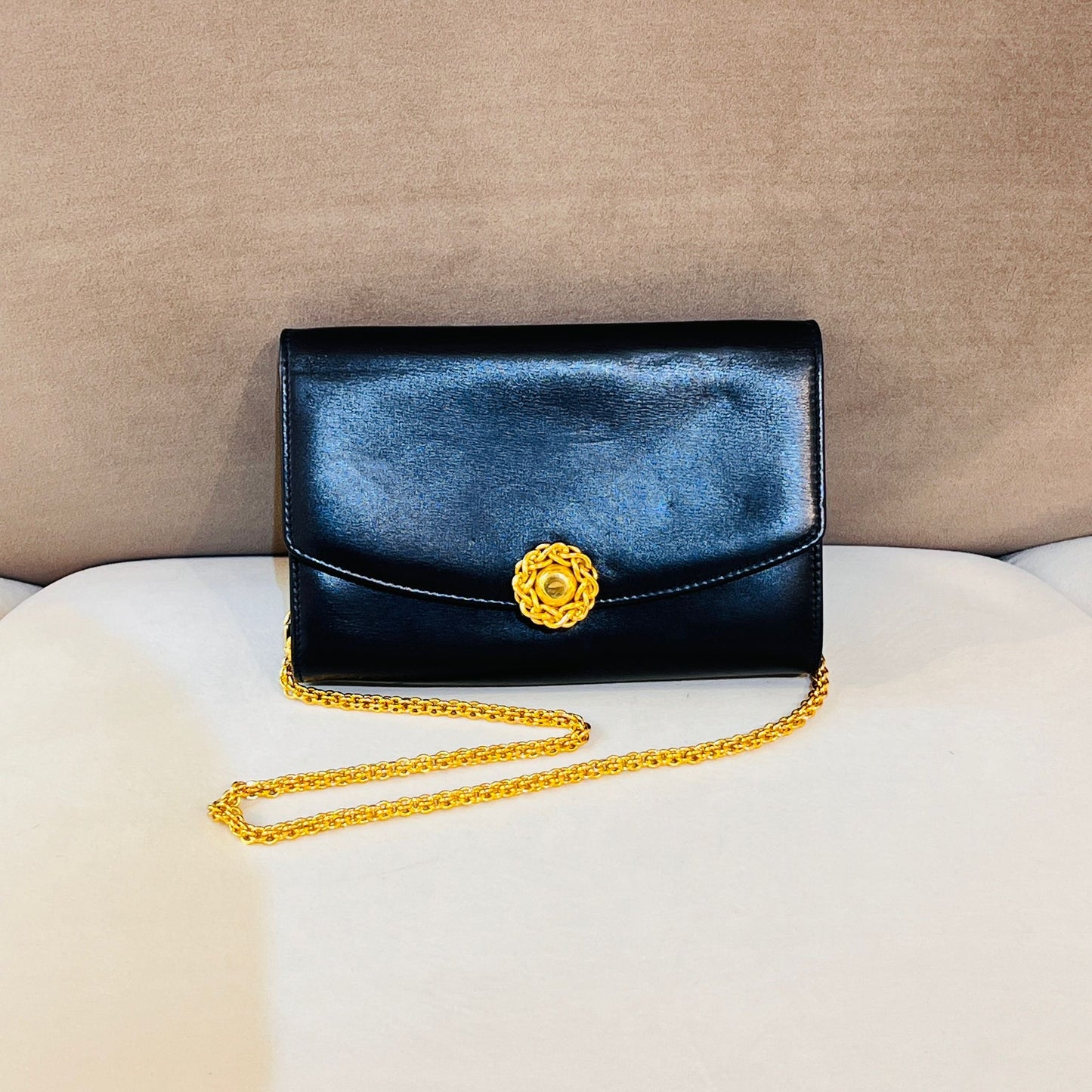 Bally Vintage 3-Ways Golden Medallion Black Leather Chain Shoulder Bag