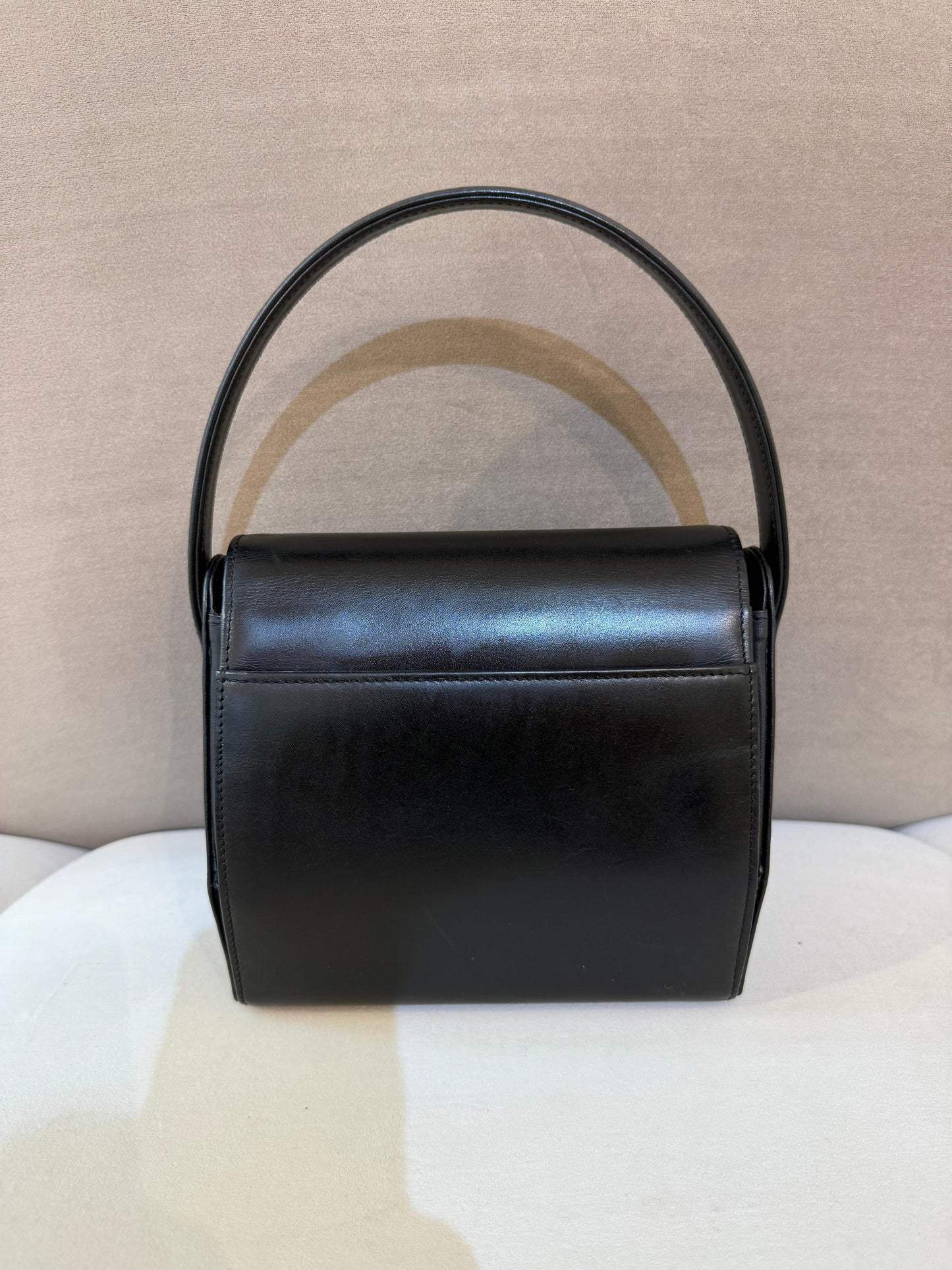 Givenchy Vintage Black Leather Gold Medallion Top Handle Bag