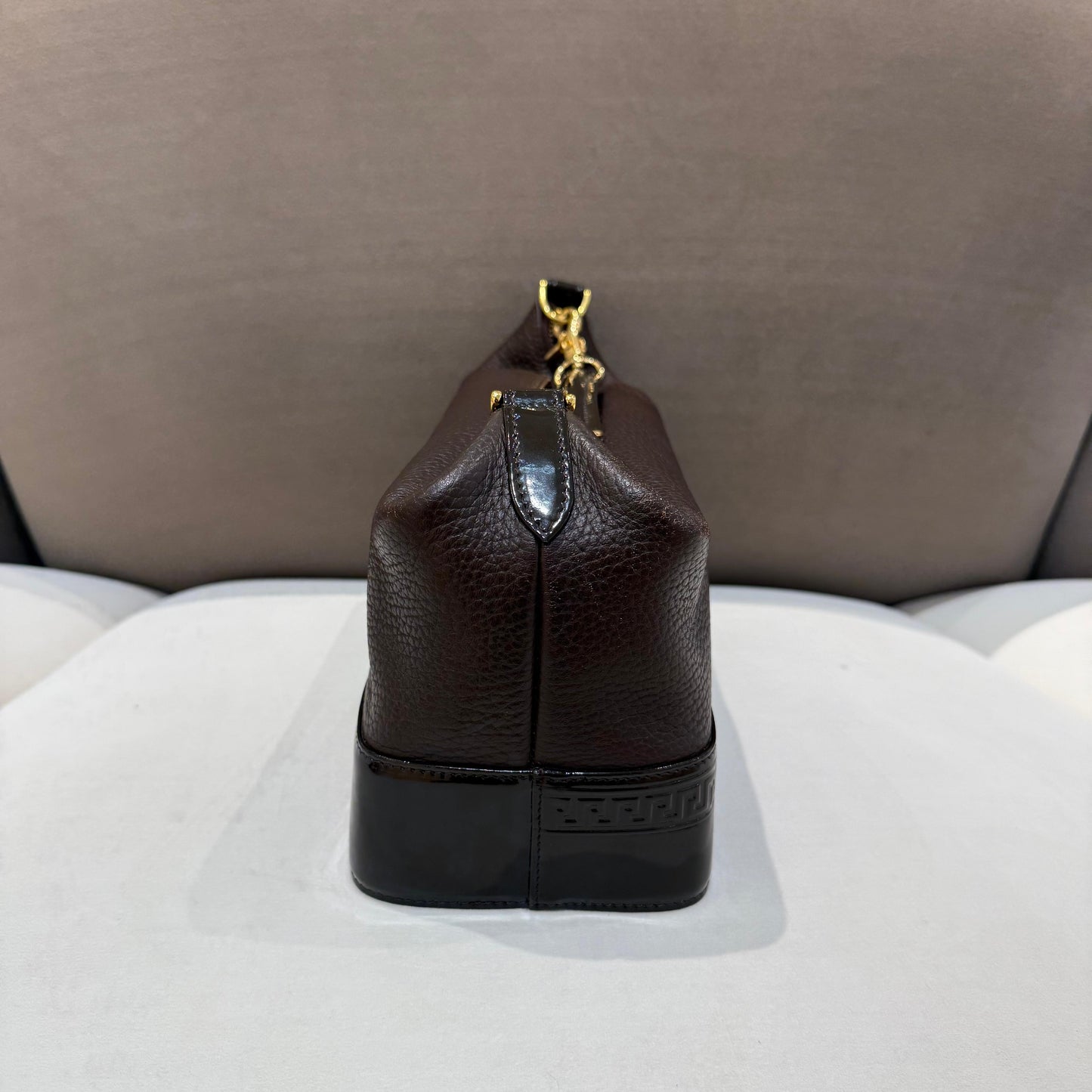 Versace Vintage Brown Grained Leather Medusa Sunburst Shoulder Bag
