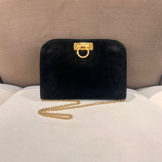 Ferragamo Vintage Black Suede Gancini Chain Shoulder Bag
