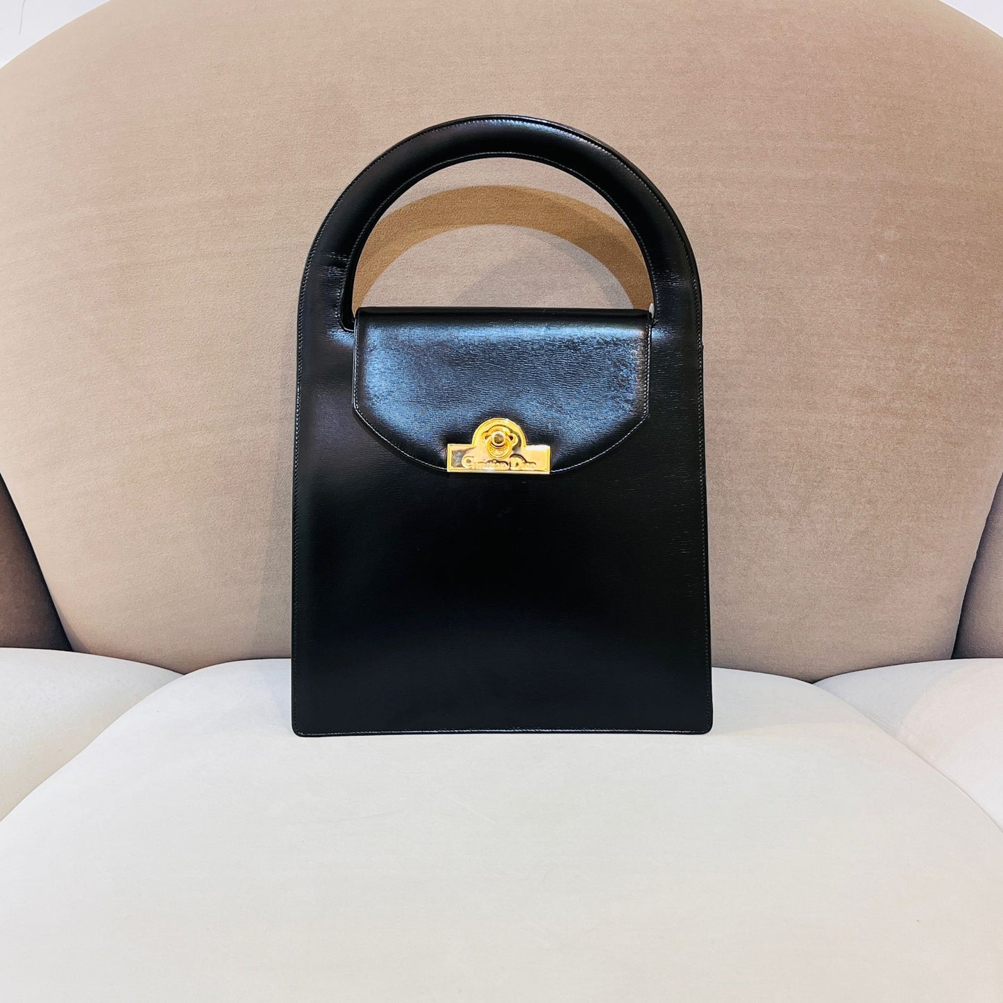 Christian Dior Vintage Black Smooth Leather Gold Logo Top Handle Bag