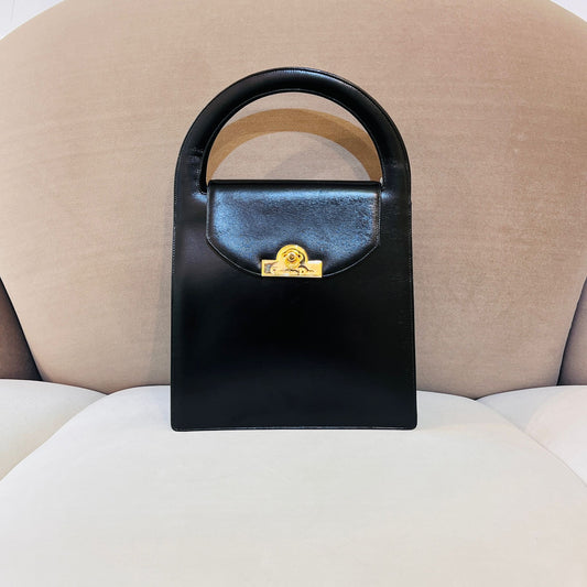 Christian Dior Vintage Black Smooth Leather Gold Logo Top Handle Bag