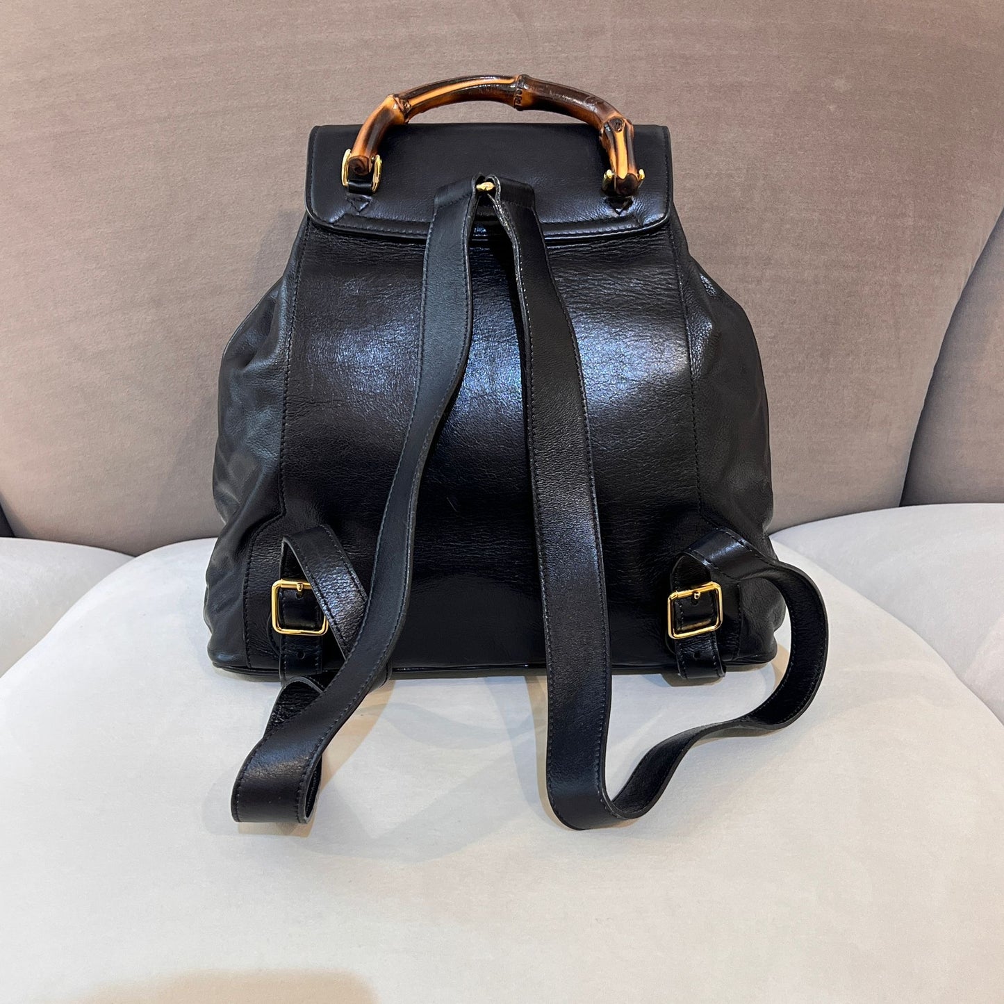 Gucci Vintage Bamboo Black Leather Backpack