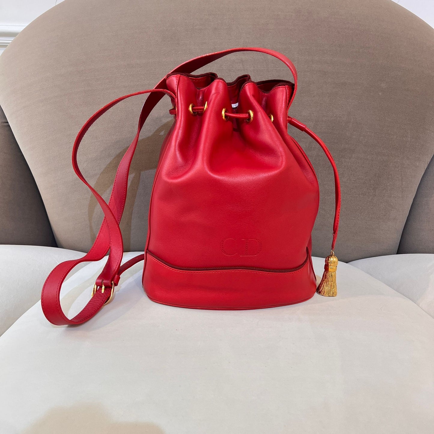Christian Dior Vintage Red Leather Drawstring Shoulder Bag With Tassel