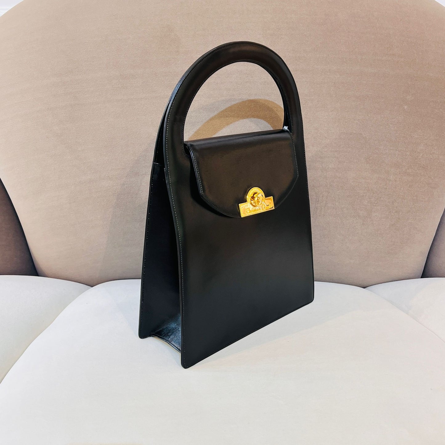 Christian Dior Vintage Black Smooth Leather Gold Logo Top Handle Bag