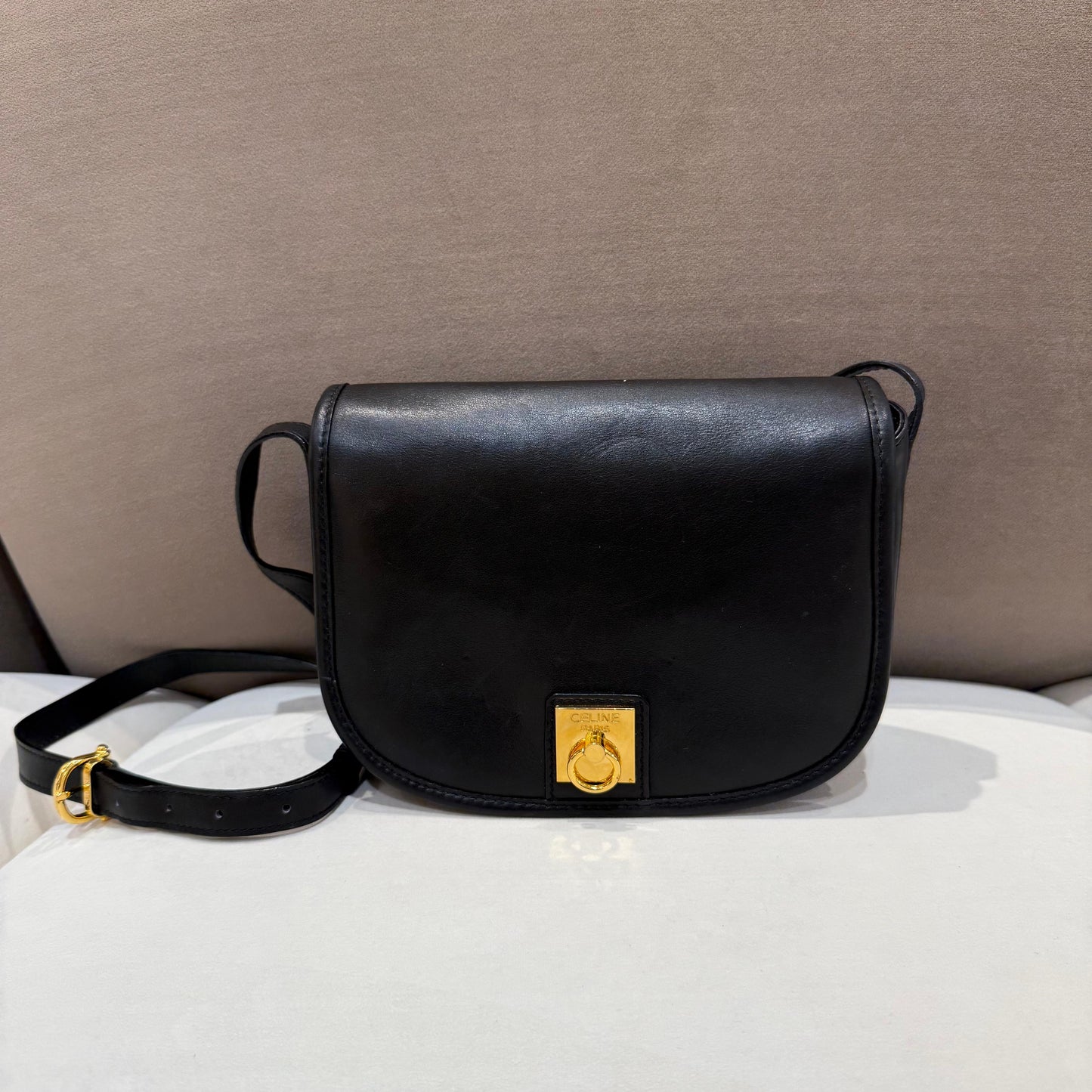 Celine Vintage Gancini Mini Flap Black Calfskin Shoulder Bag