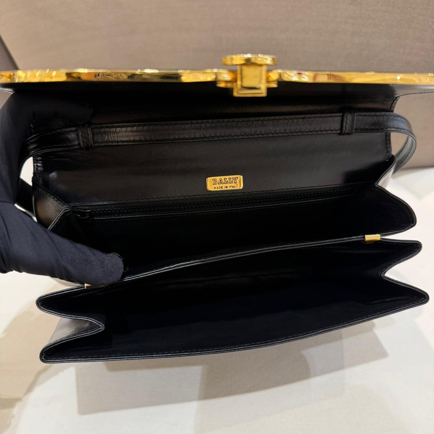 Bally Vintage Black Leather Curved Gold Trim Crossbody Shoulder Bag