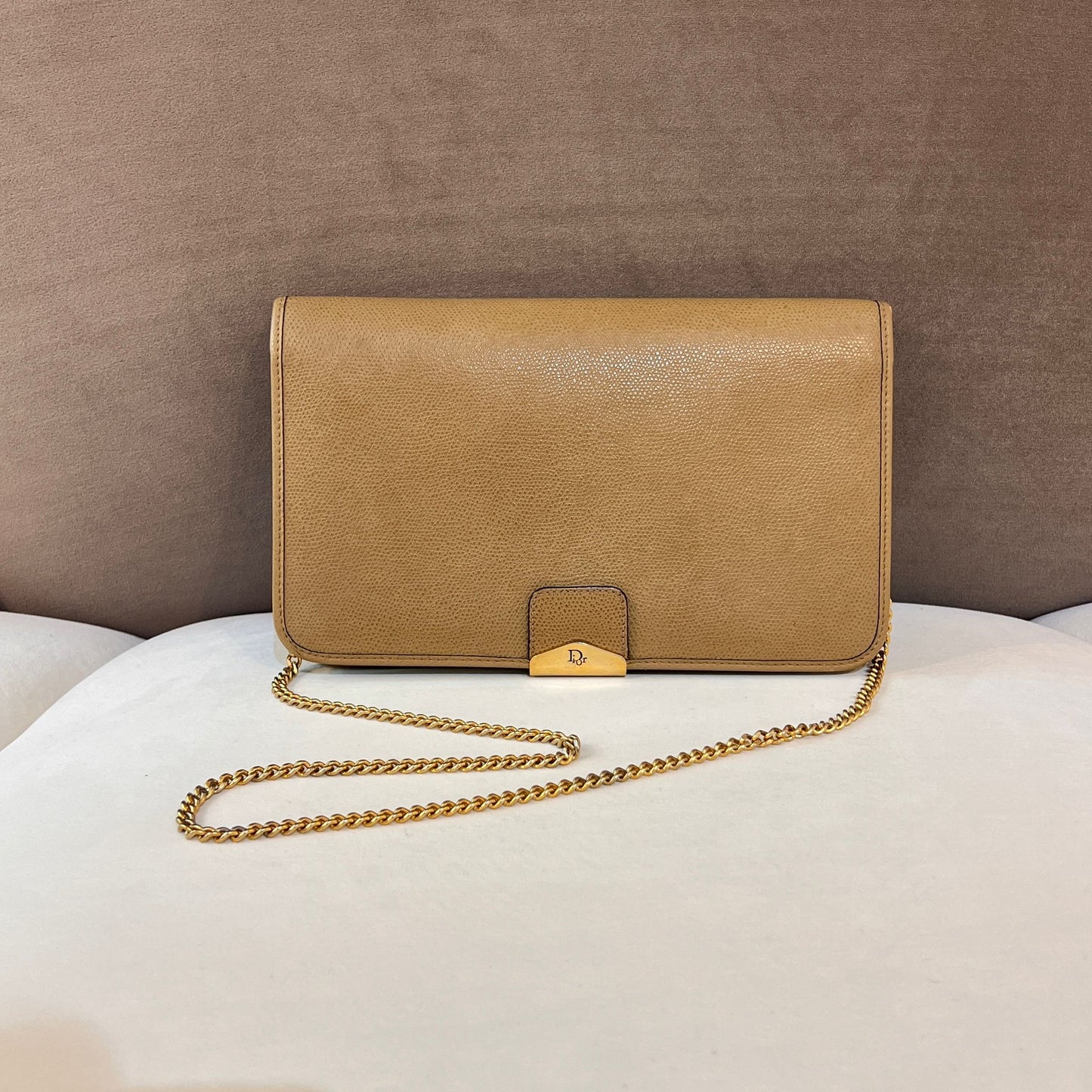 Christian Dior Vintage Honeycomb Beige Leather Chain Shoulder Bag