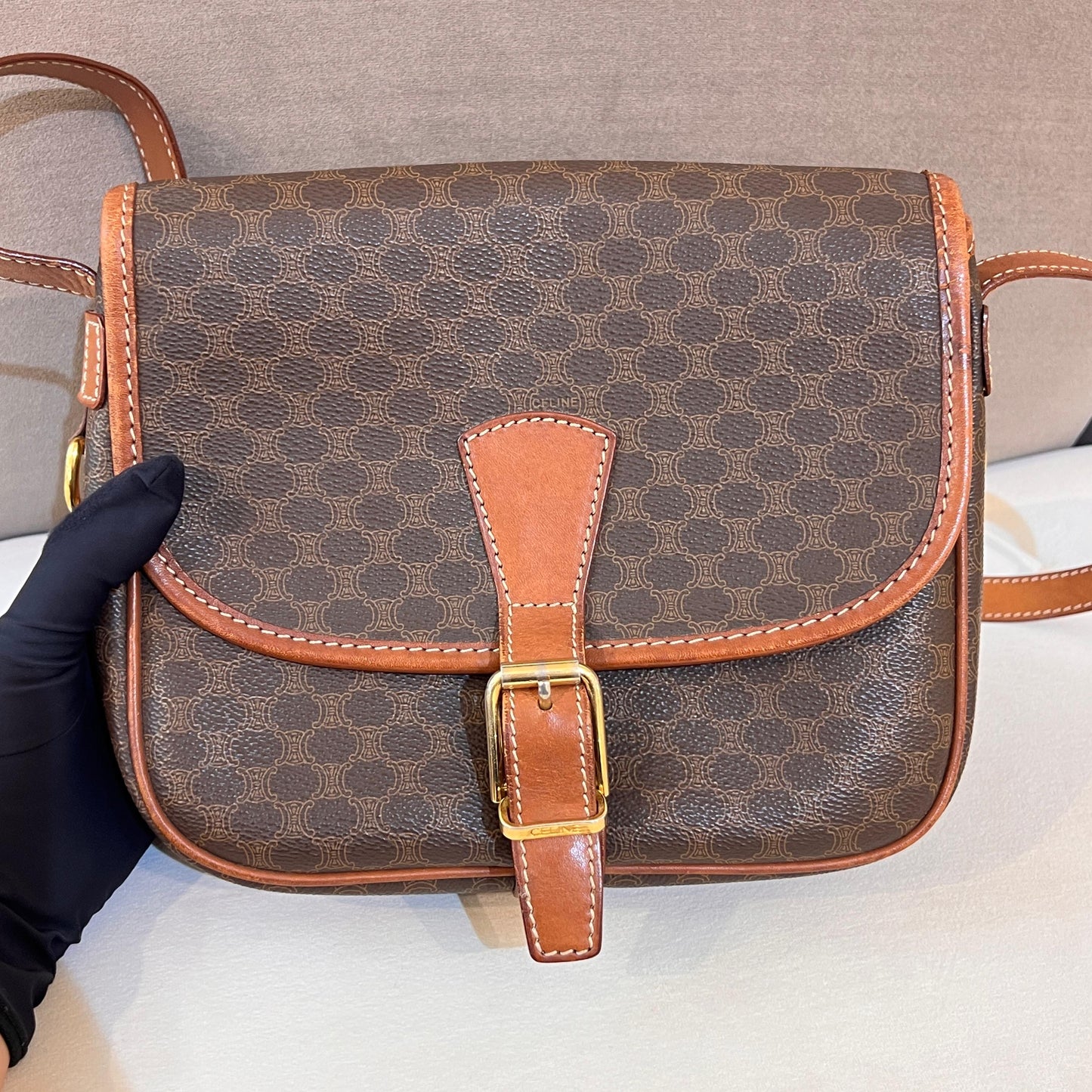 Celine Vintage Macadam Canvas Brown Leather Shoulder Bag