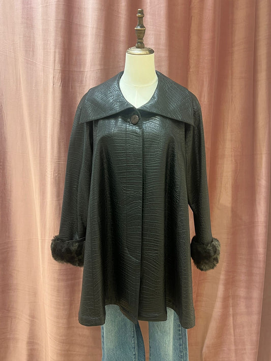 Christian Dior Vintage Miss Dior Black Crocodile-embossed Coat with Fur Trim Cuffs