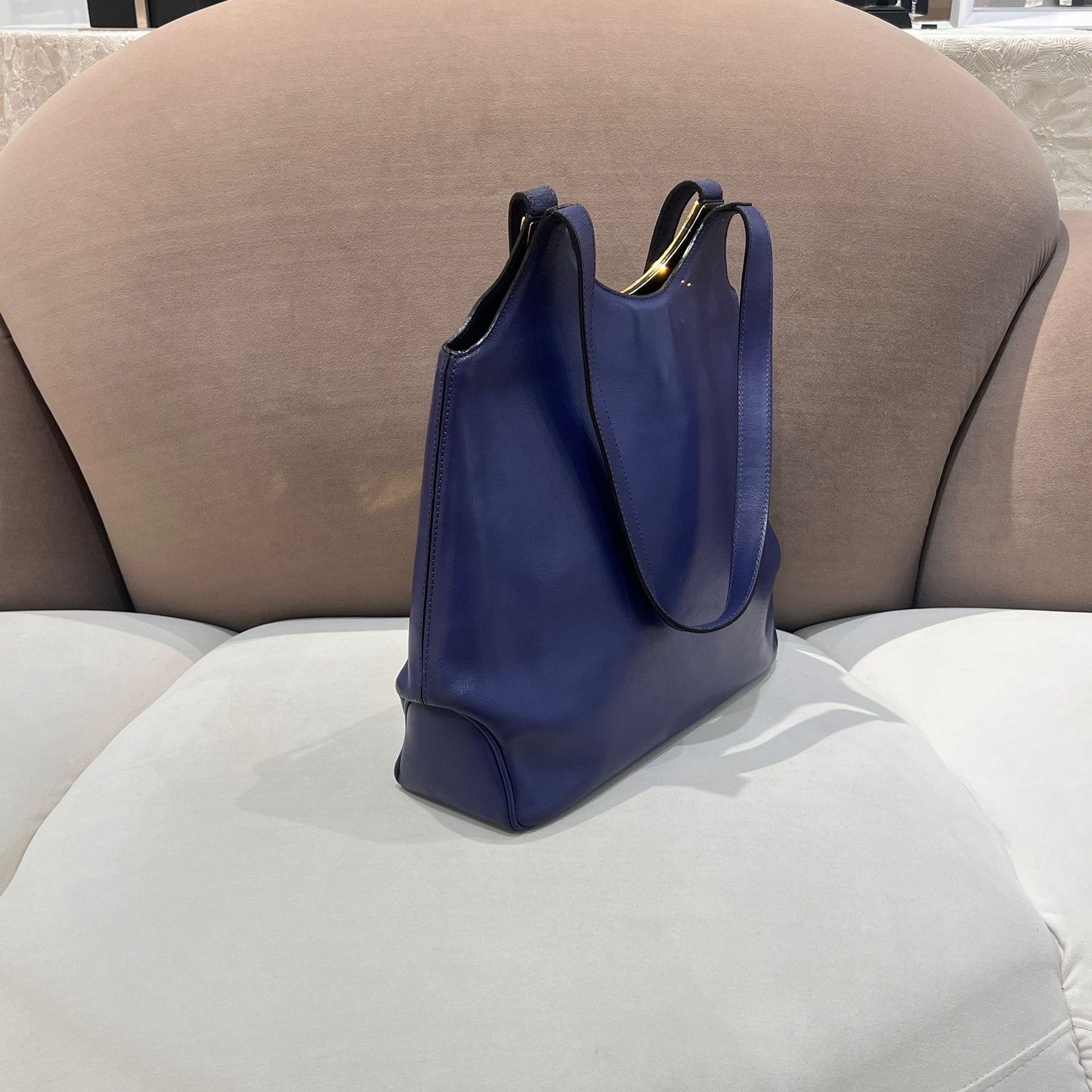 Celine Vintage Blue Leather Circle Logo Tote Bag