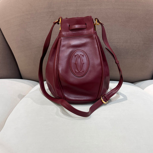 Cartier Vintage Must De Cartier Bordeaux Leather Drawstring Bucket Shoulder Bag