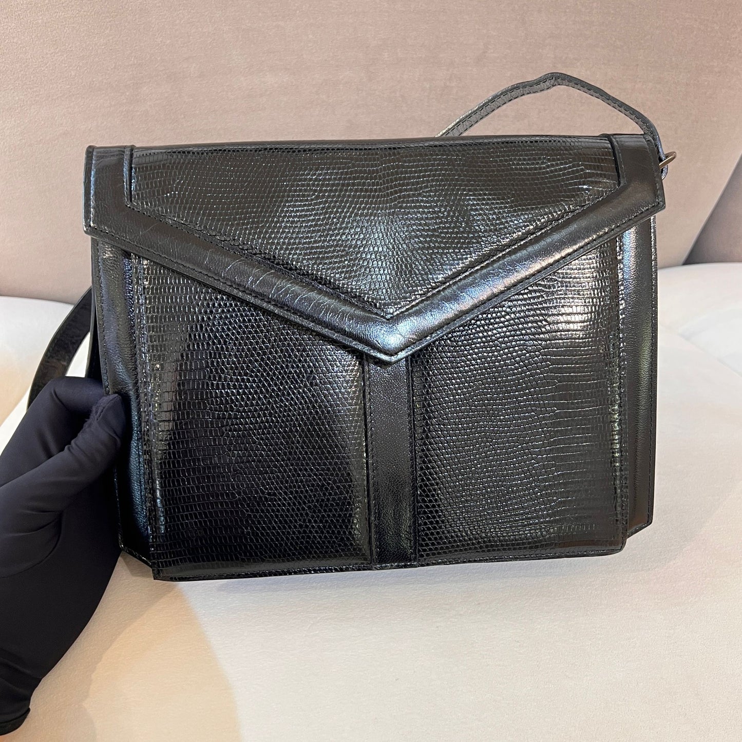 Yves Saint Laurent Vintage Lizard Embossed Leather Flap Shoulder Bag