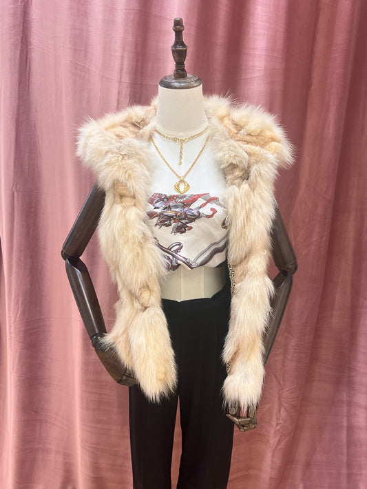 Vintage Cream Fox Fur Hooded Vest Sleeveless Coat