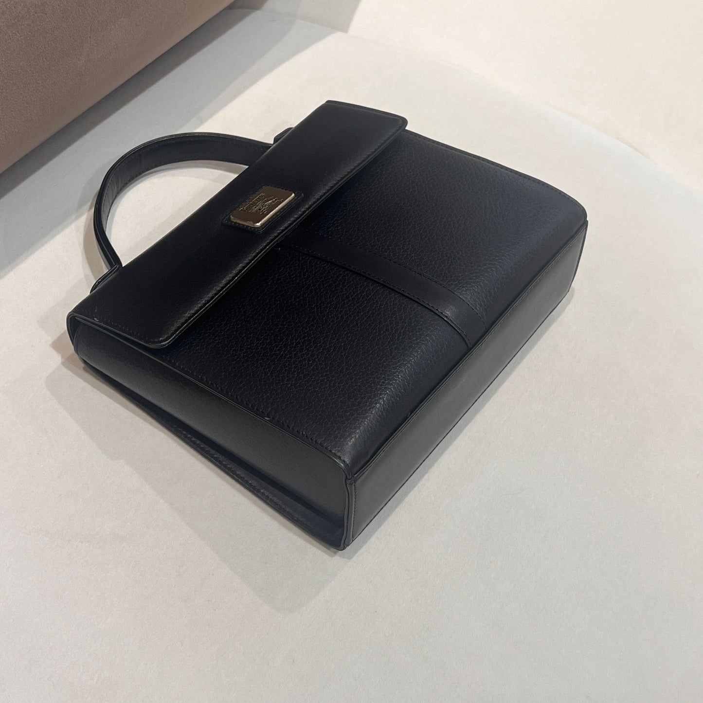 Burberry Vintage Black Grained Leather Top Handle Flap Handbag