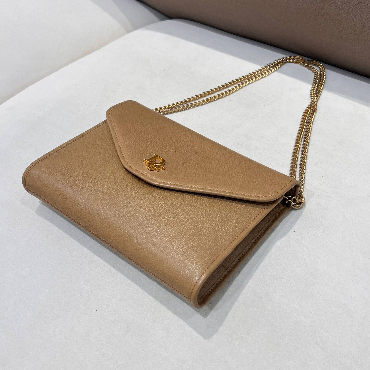 Christian Dior Vintage Beige Grained Leather Chain Shoulder Bag With Envelope Flap
