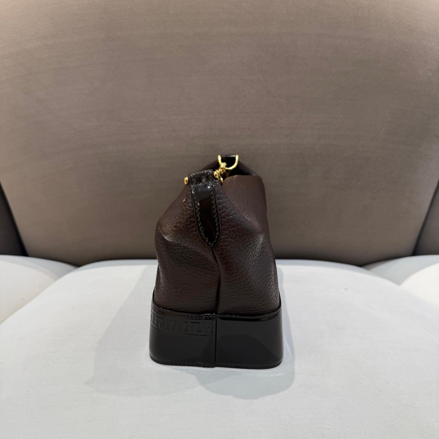 Versace Vintage Brown Grained Leather Medusa Sunburst Shoulder Bag