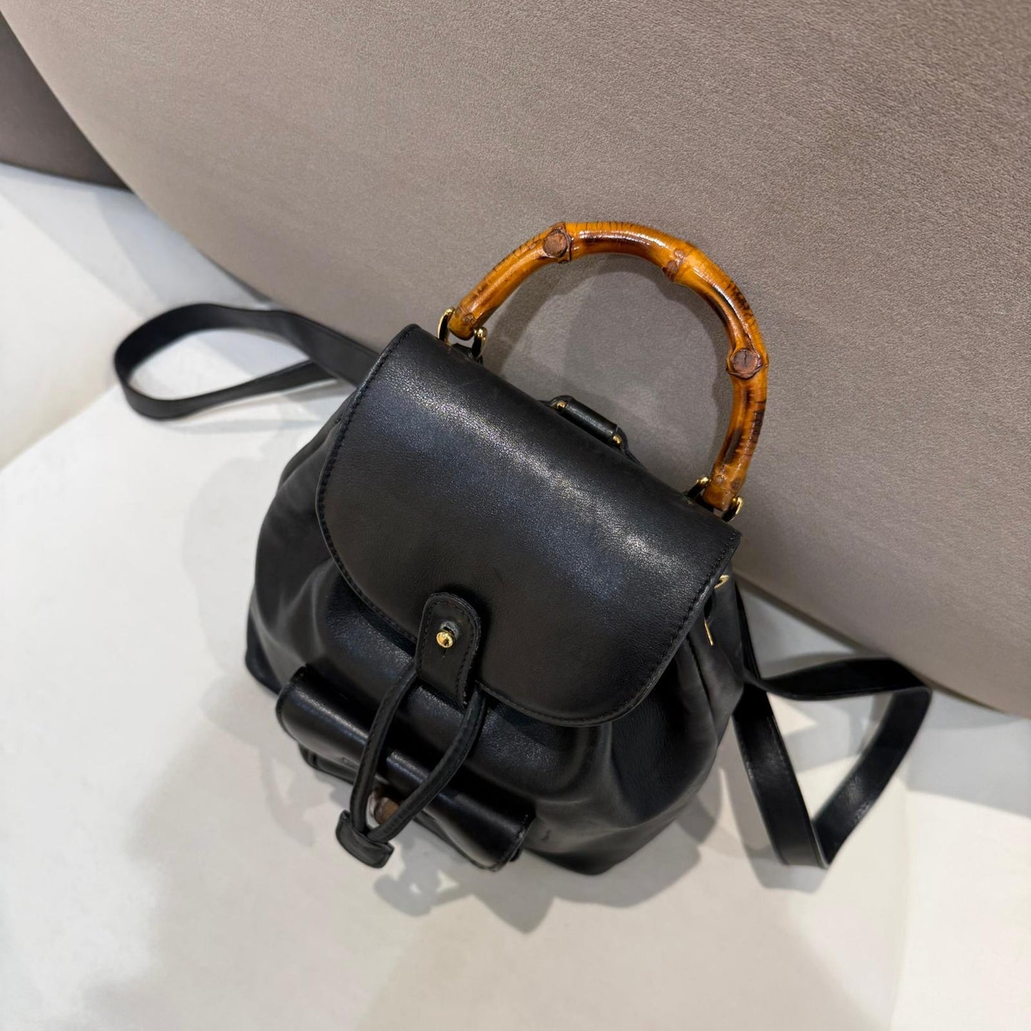 Gucci Vintage Black Leather Bamboo Small Backpack