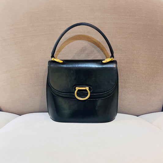 Celine Vintage Black Leather Gancini Closure Top Handle Bag