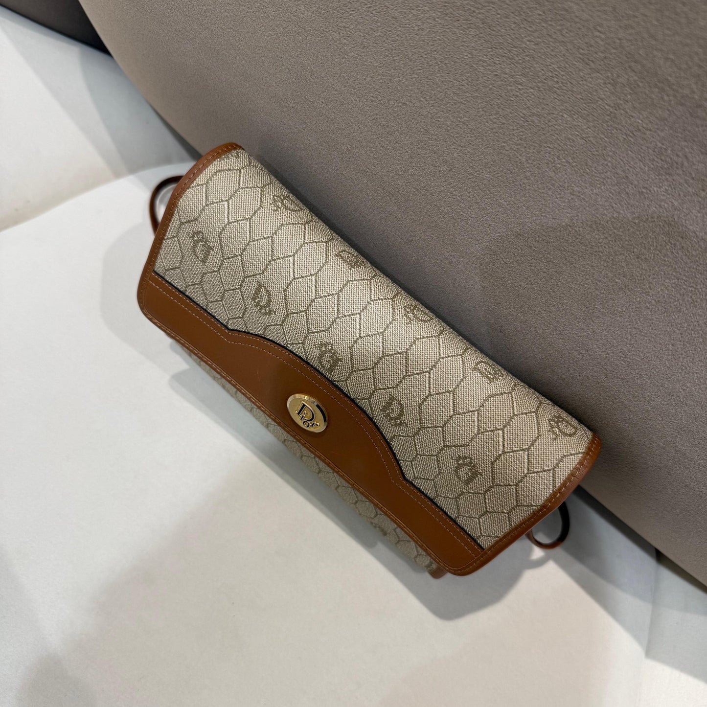 Christian Dior Vintage Beige Honeycomb Monogram Leather Trim Shoulder Bag