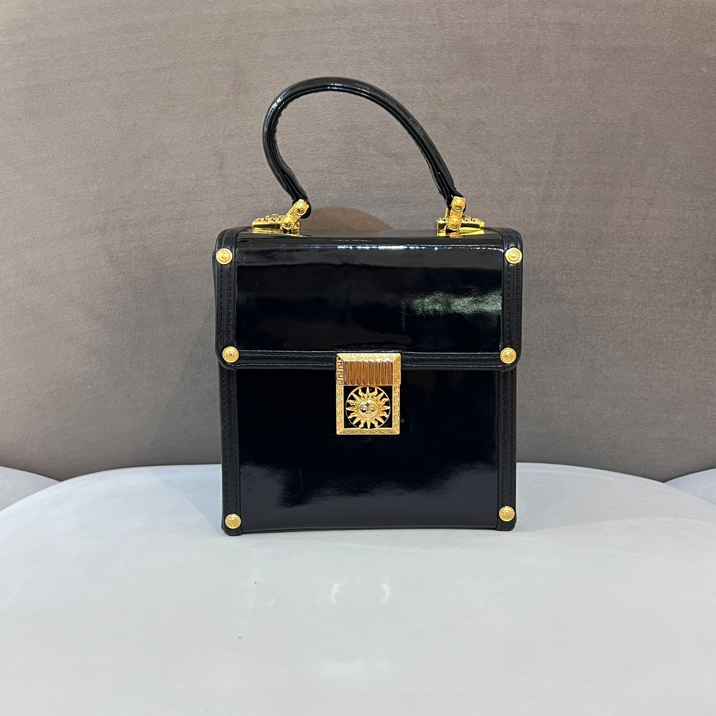 Versace Vintage Medusa Black Patent Vanity Box Bag