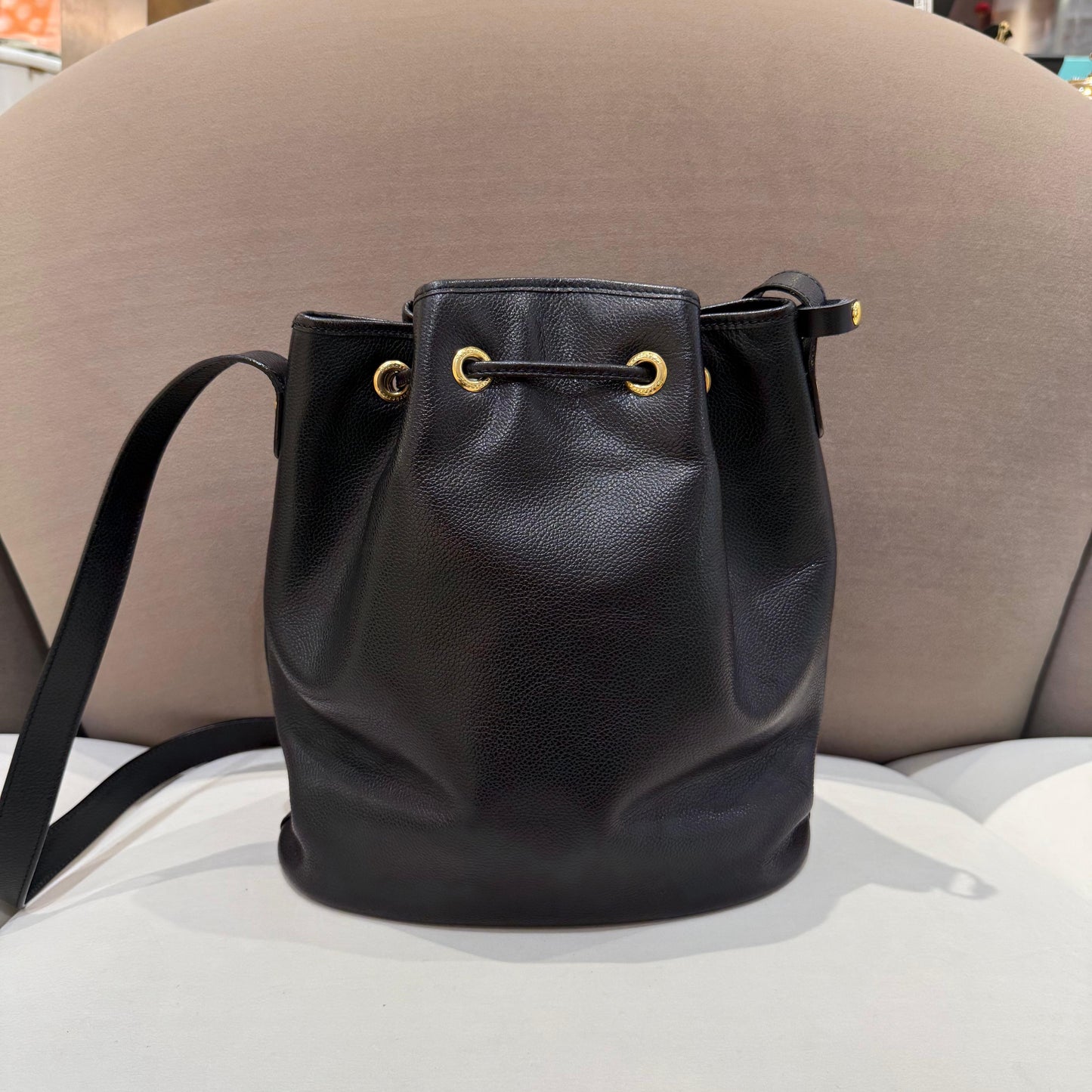 Burberry London Vintage Black Leather Nova Check Drawstring Shoulder Bag