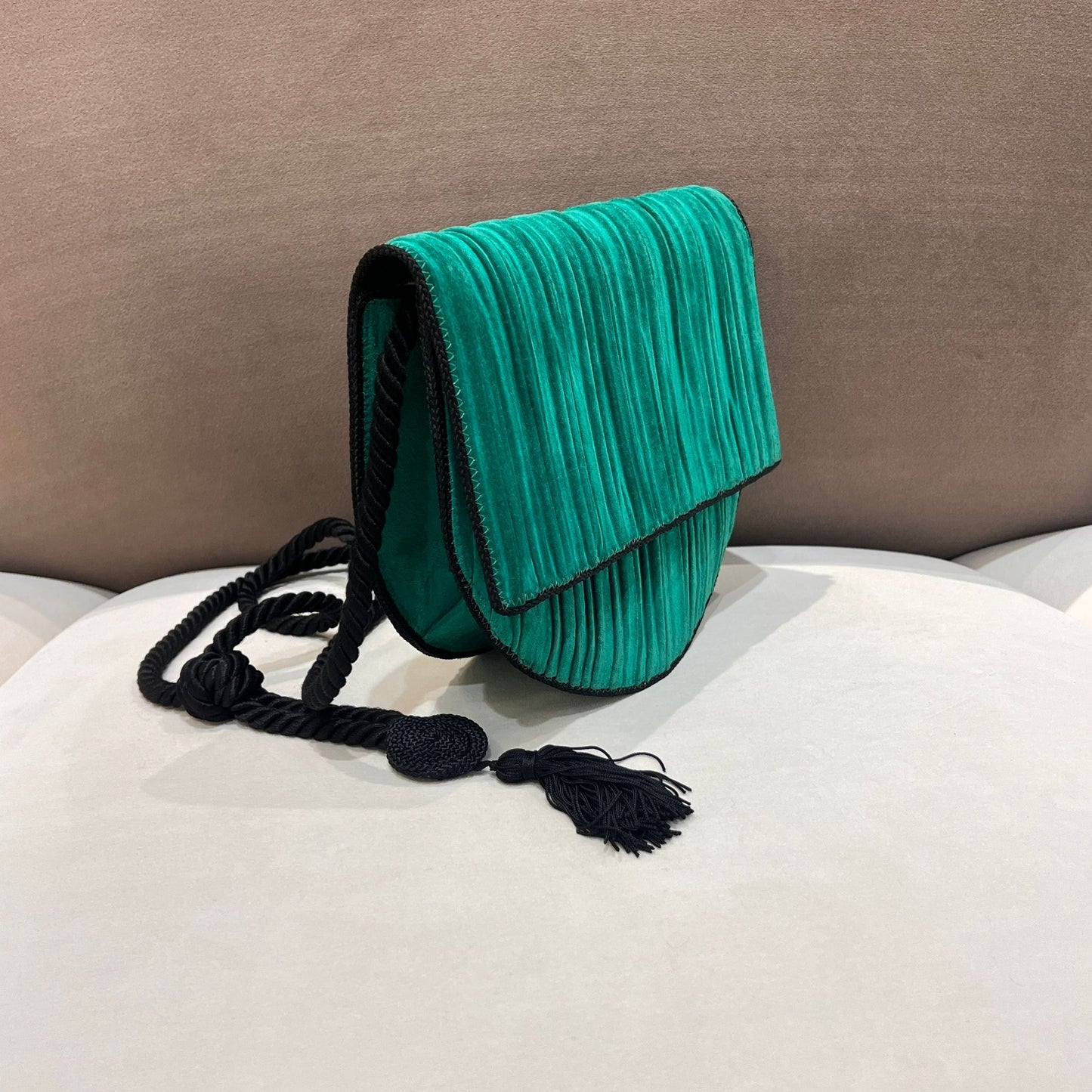 Christian Dior Vintage Emerald Pleated Silk Half Moon Shoulder Bag