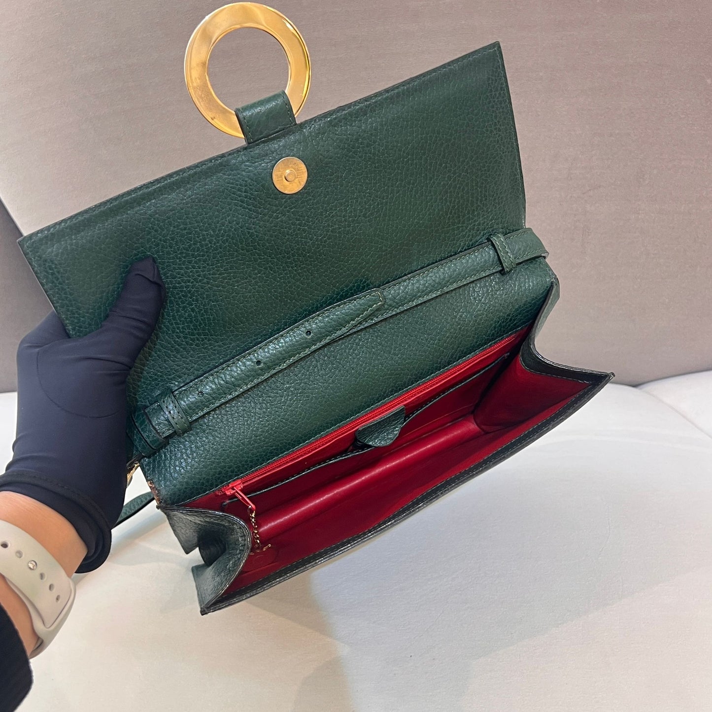 Celine Vintage Circle Logo Forest Green Leather Shoulder Bag