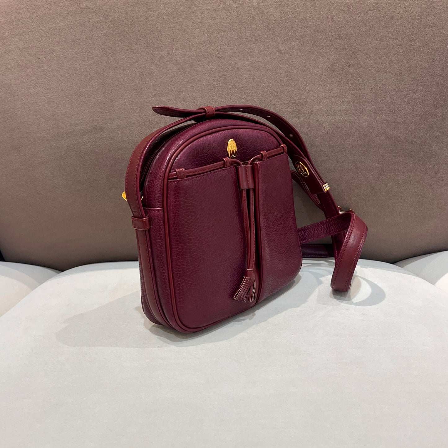 Cartier Vintage Bordeaux Leather Tassel Shoulder Bag With Pouch