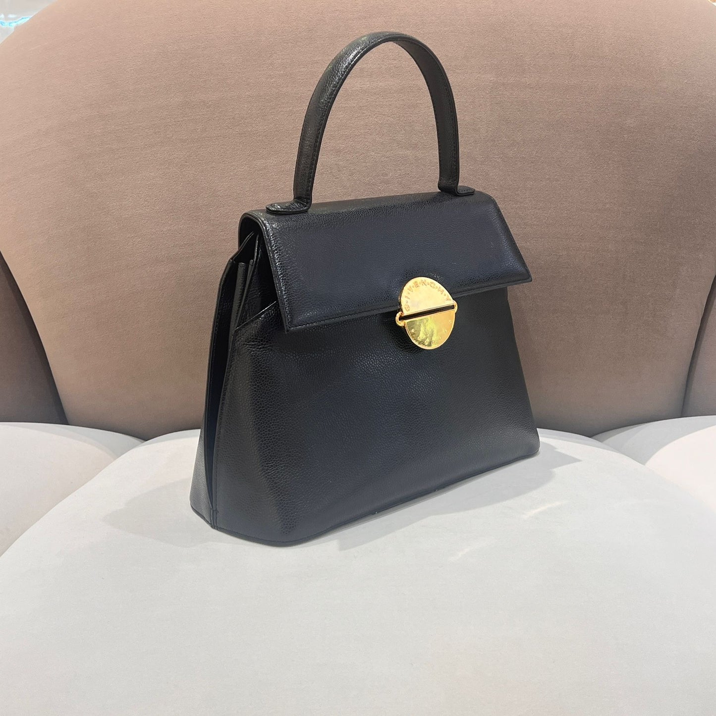 Givenchy Vintage Black Leather Gold Round Clasp Top Handle Handbag