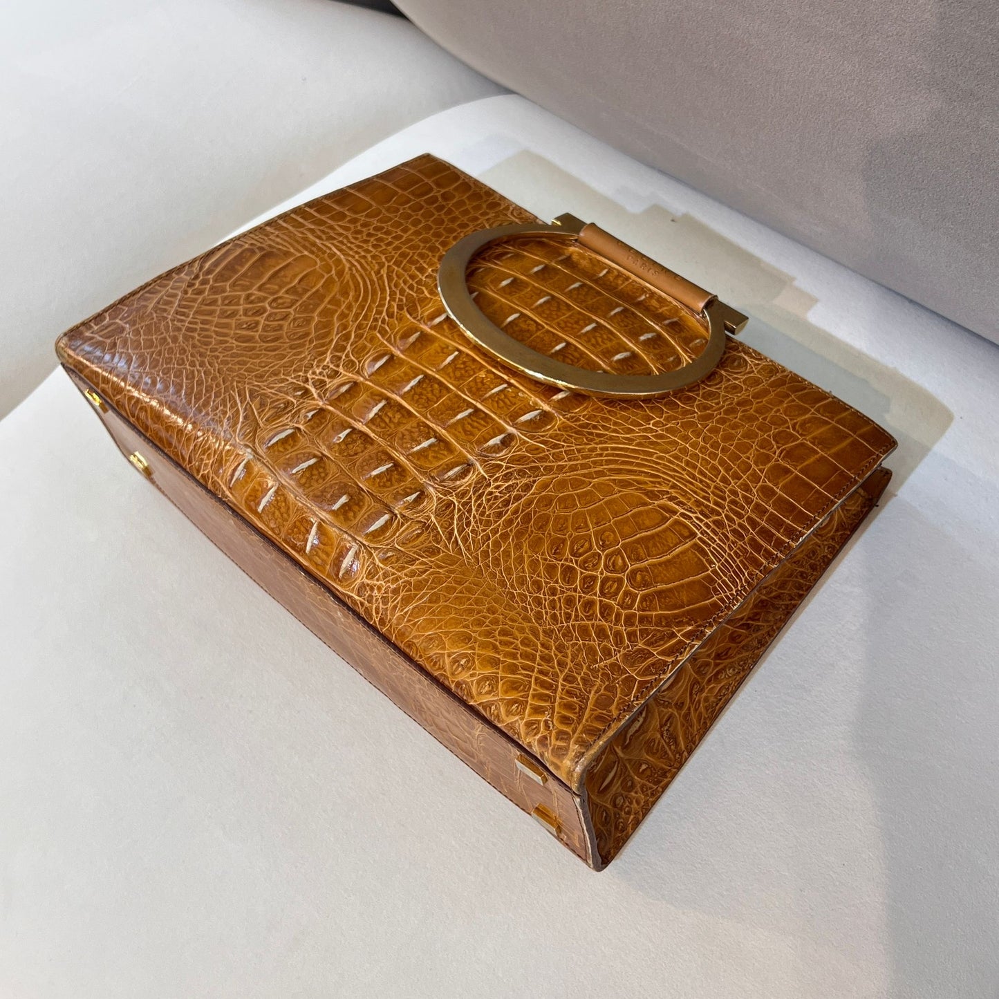 Celine Vintage Crocodile Embossed Circle Handle Bag