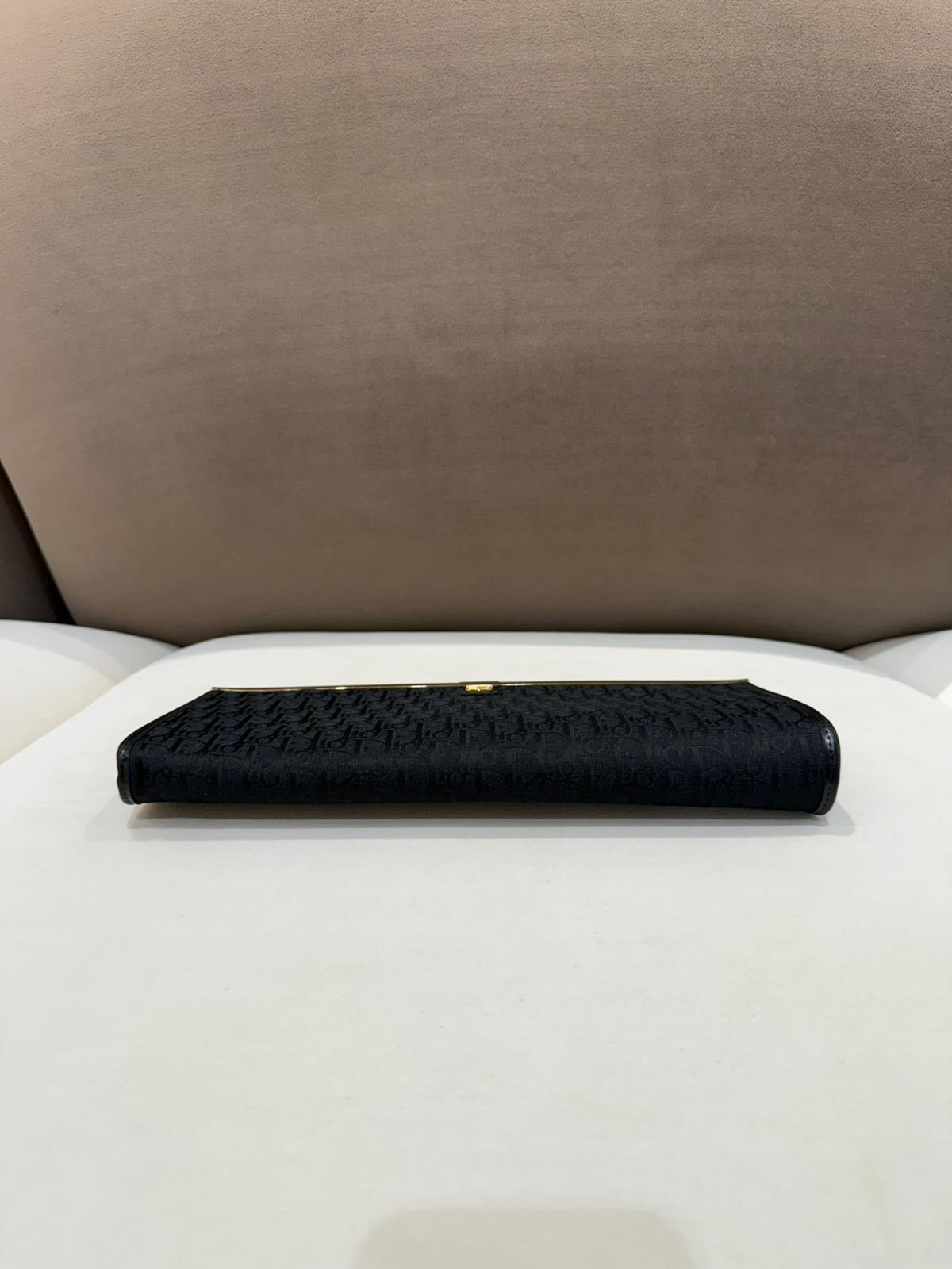 Christian Dior Vintage Trotter Logo Black Canvas Gold Clasp Clutch Bag