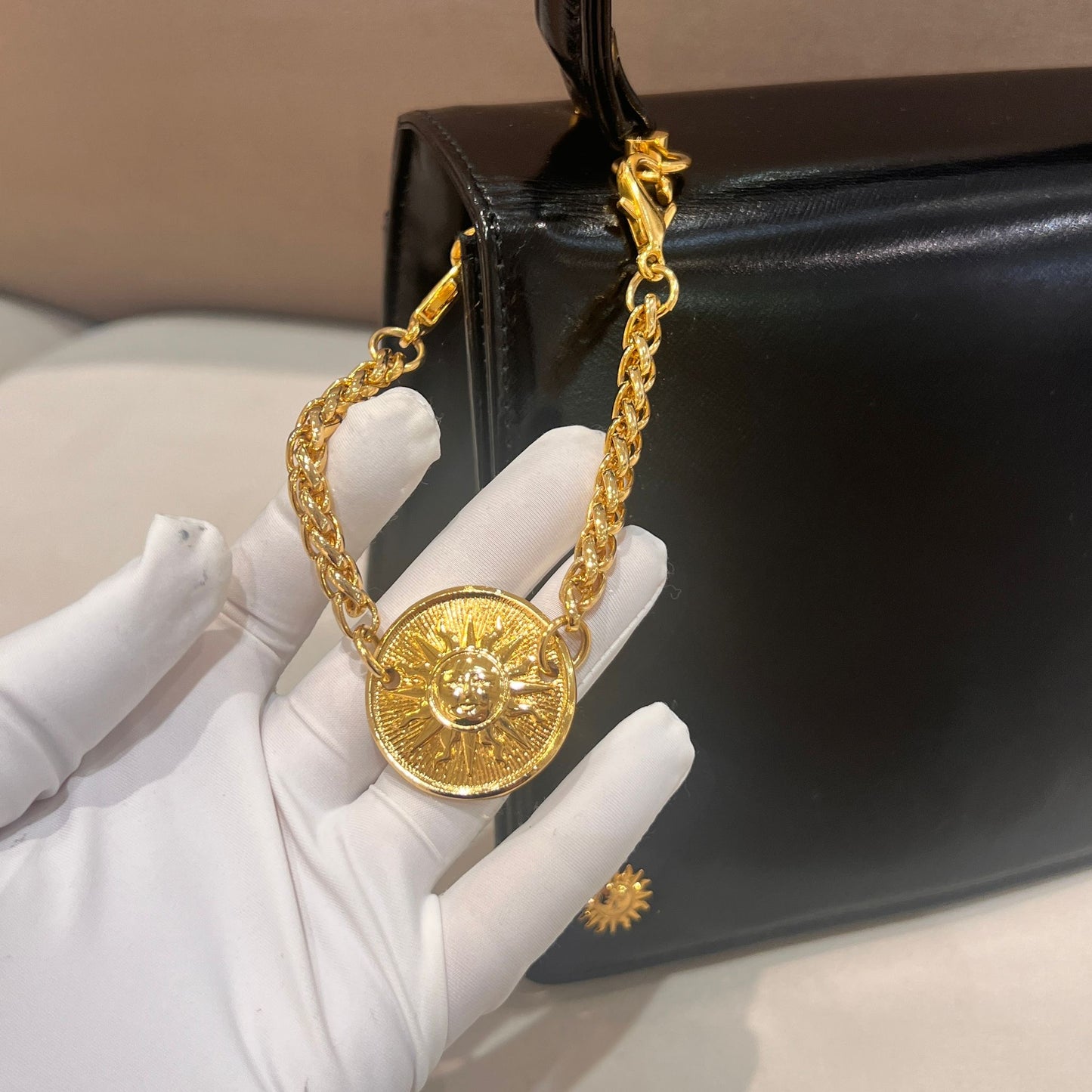 Versace Vintage Medusa Charm Black Leather Top Handle Handbag