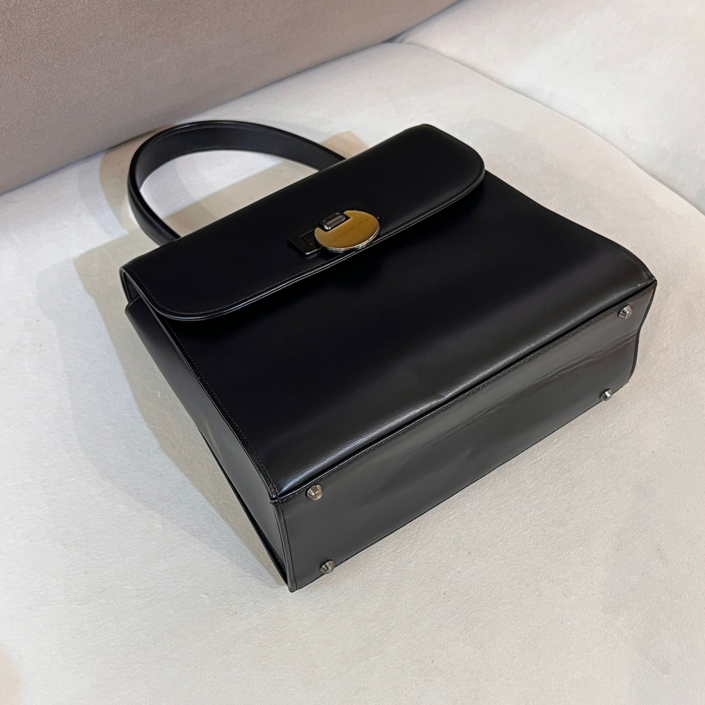 Givenchy Vintage Black Leather Logo Clasp Top Handle Bag
