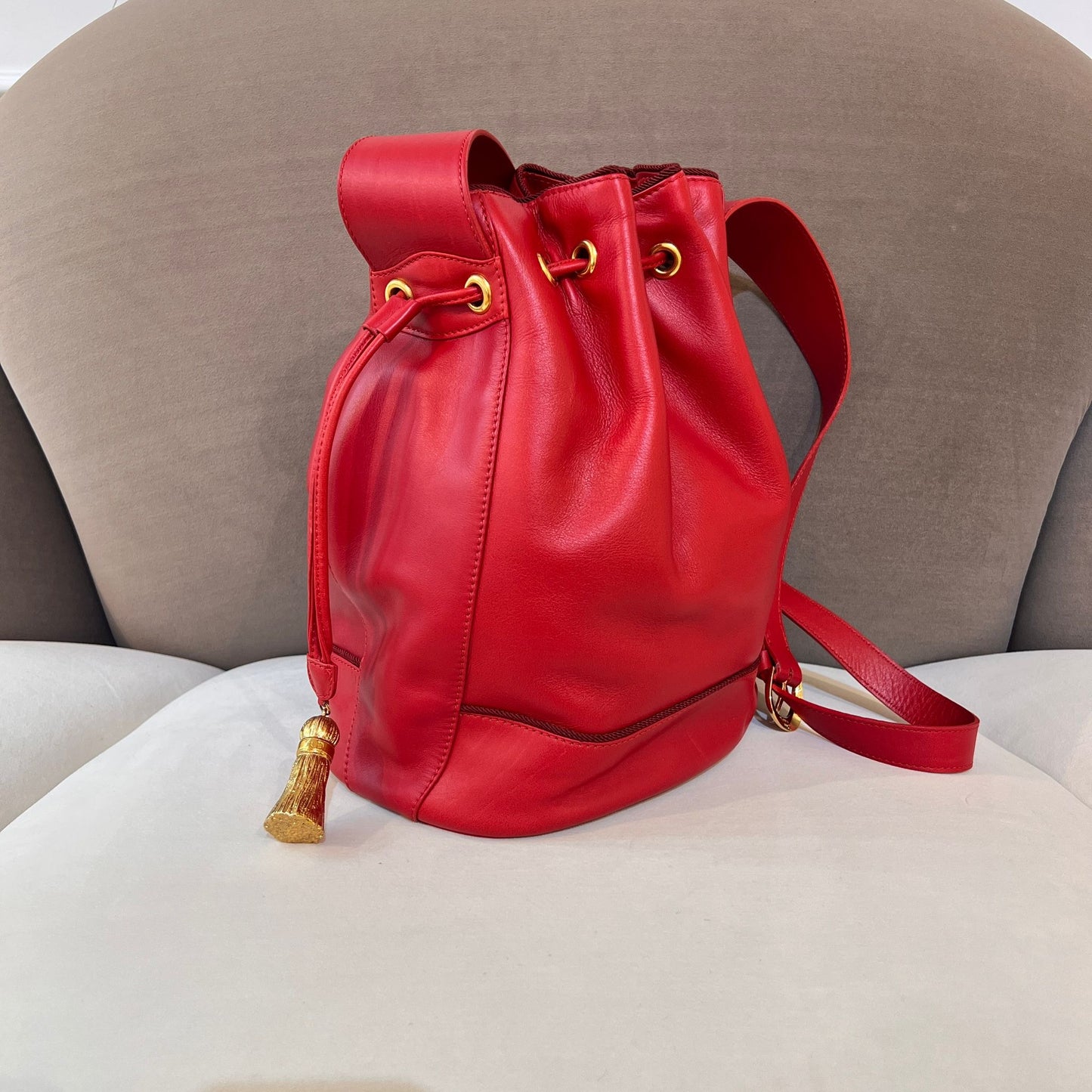Christian Dior Vintage Red Leather Drawstring Shoulder Bag With Tassel