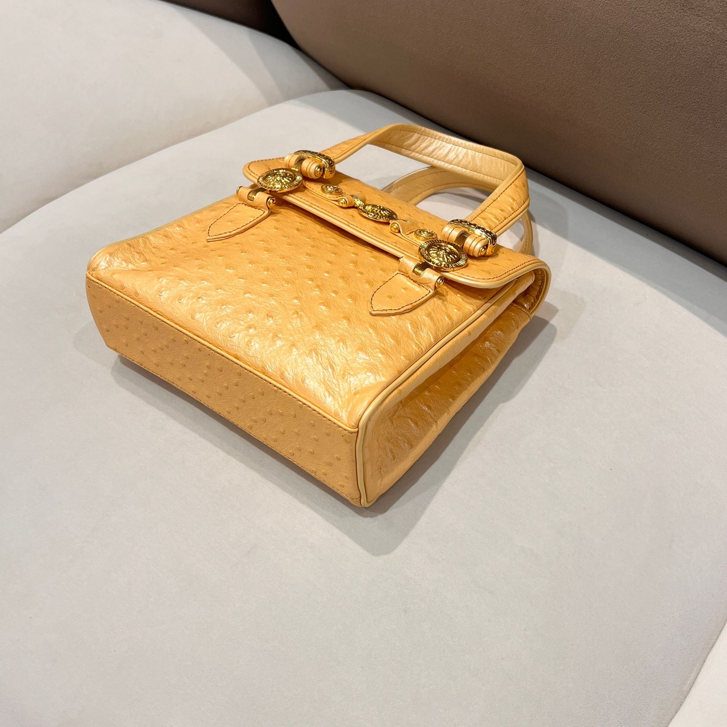 Versace Vintage Ostrich Embossed Cream Leather Mini Handbag