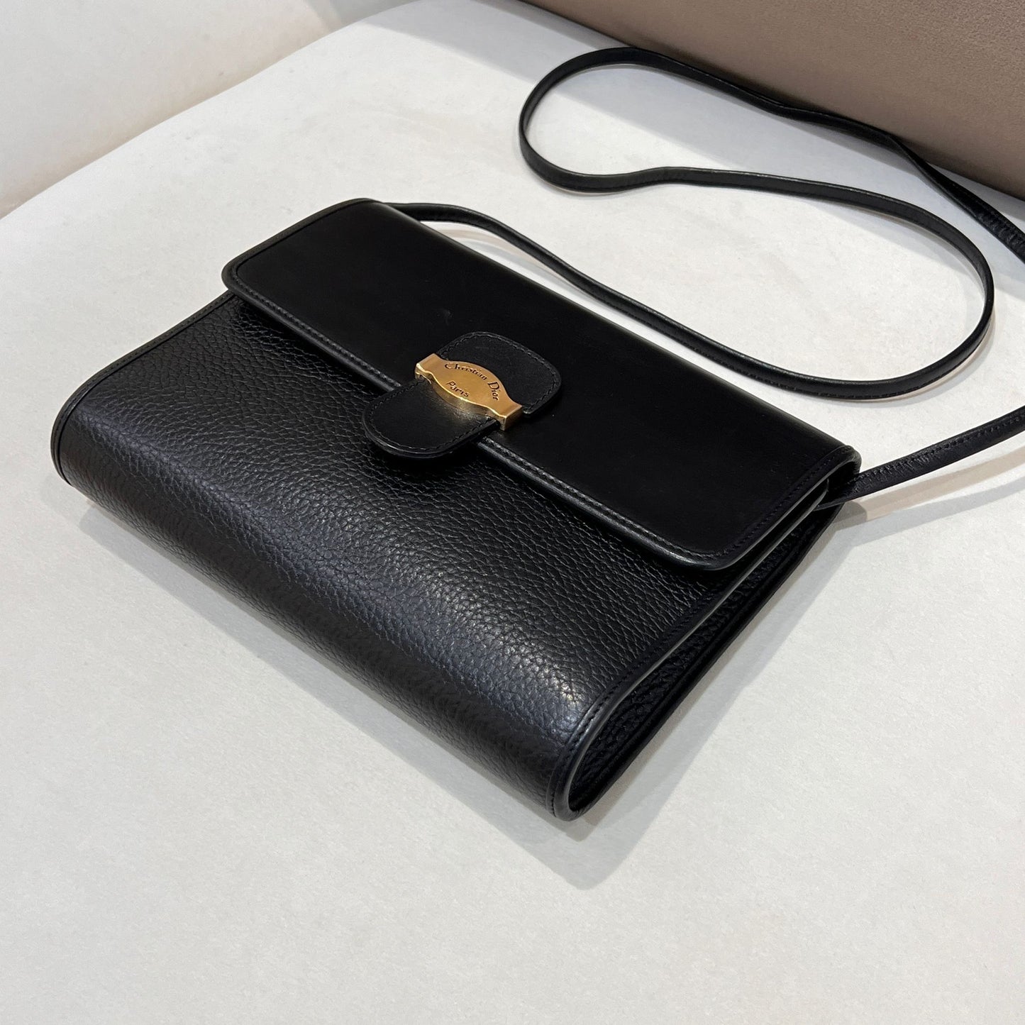 Christian Dior Vintage Black Leather Shoulder Bag With Gold-Tone Heritage Clasp
