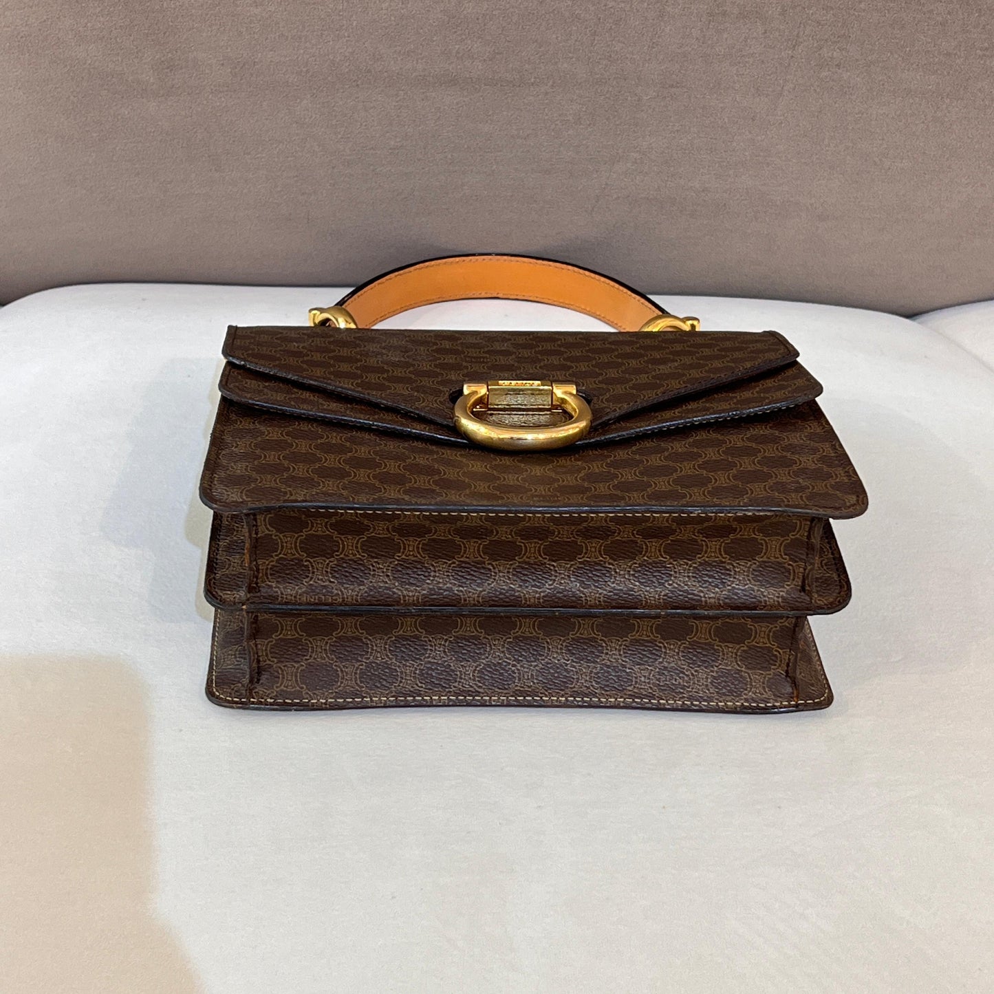 Celine Vintage Macadam Canvas Brown Leather Top Handle Bag