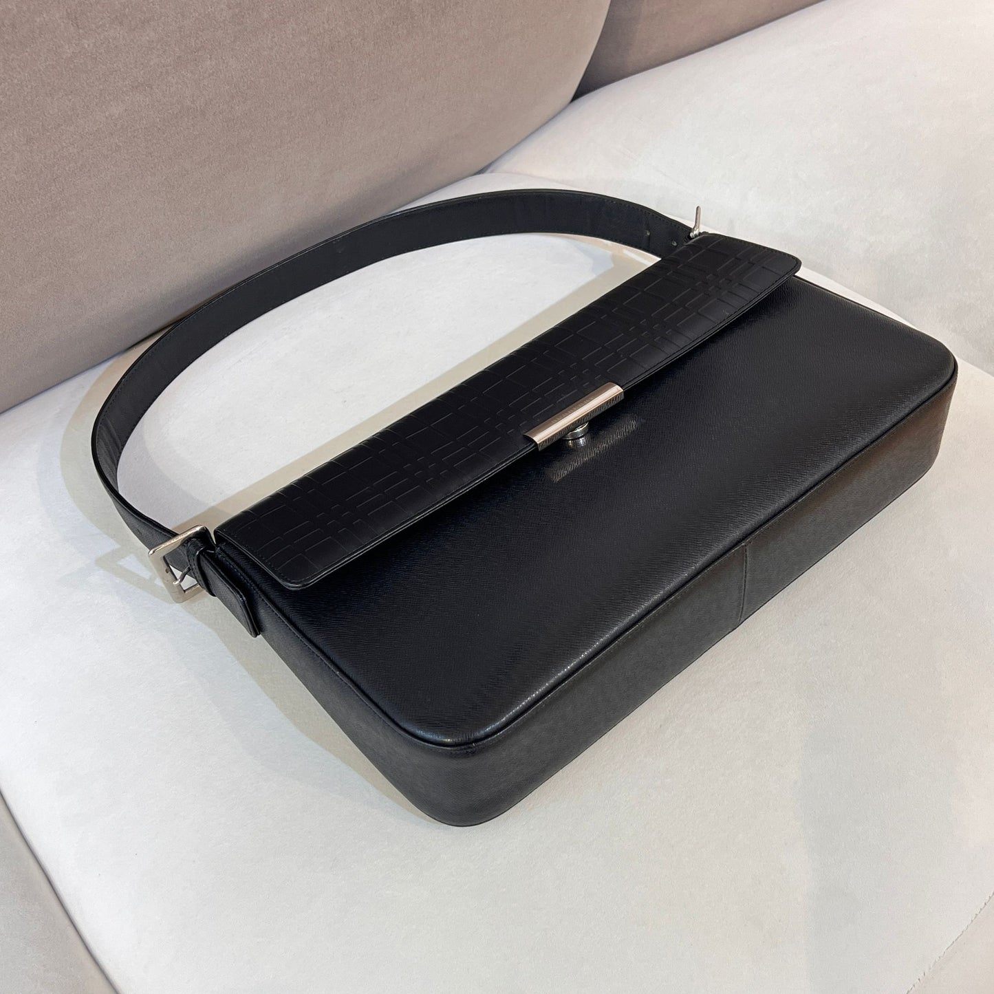 Burberry Vintage Embossed Check Black Leather Shoulder Bag