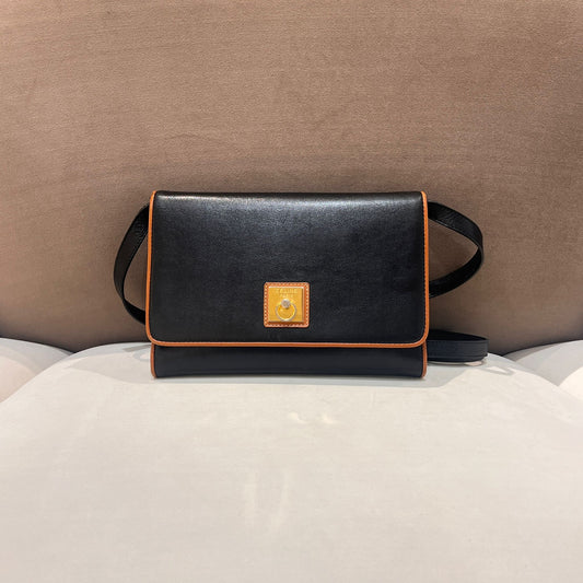 Celine Vintage Black Leather Circle Logo Flap Shoulder Bag