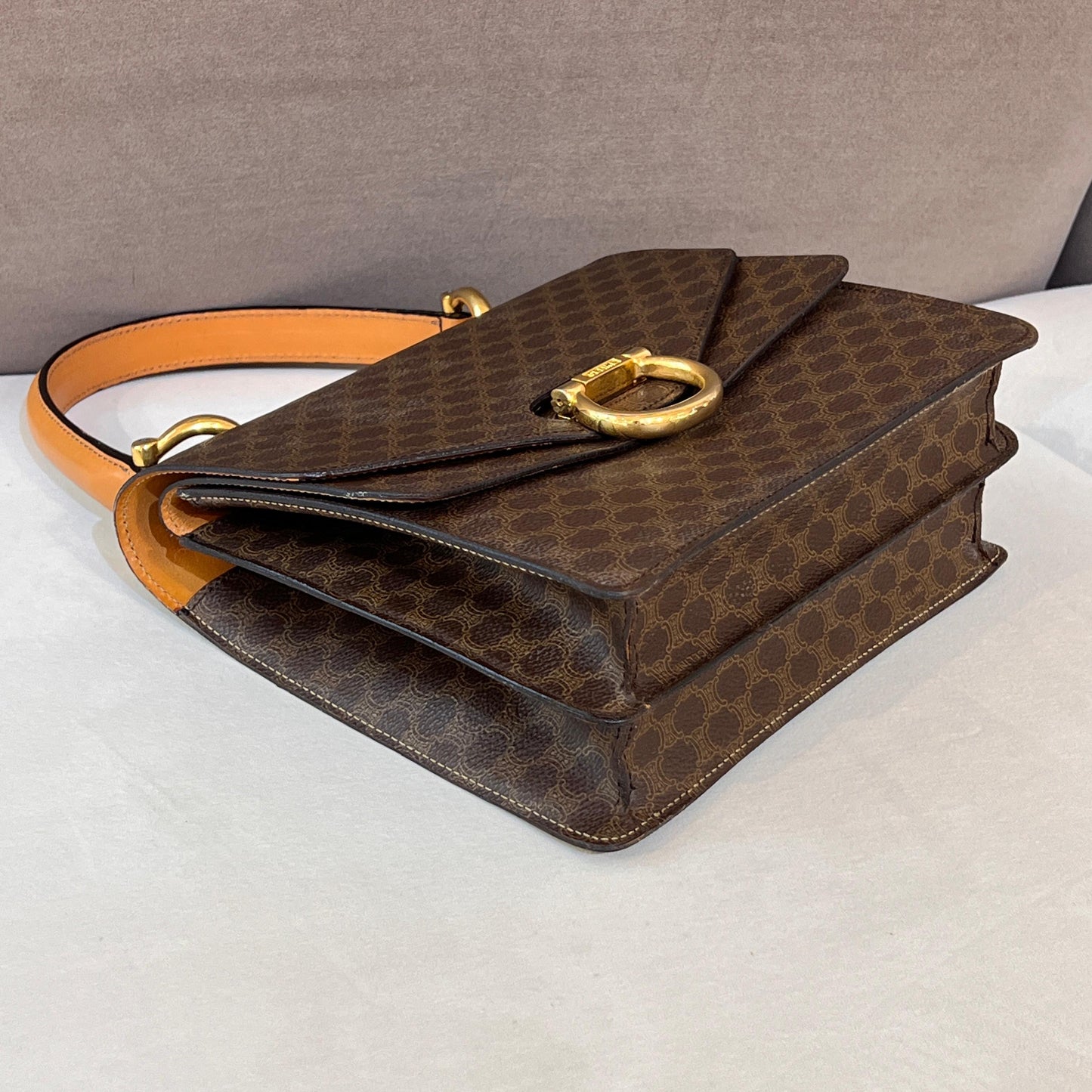 Celine Vintage Macadam Canvas Brown Leather Top Handle Bag