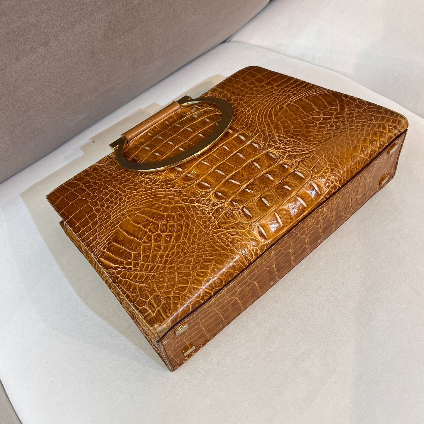 Celine Vintage Crocodile Embossed Circle Handle Bag