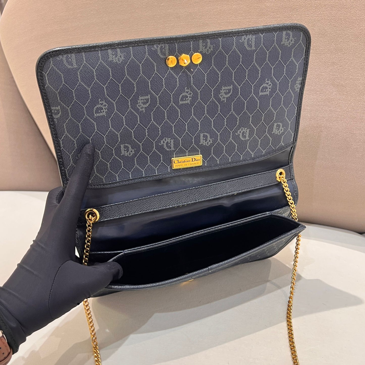 Christian Dior Vintage Cd Logo Navy Leather Chain Envelope Shoulder Bag