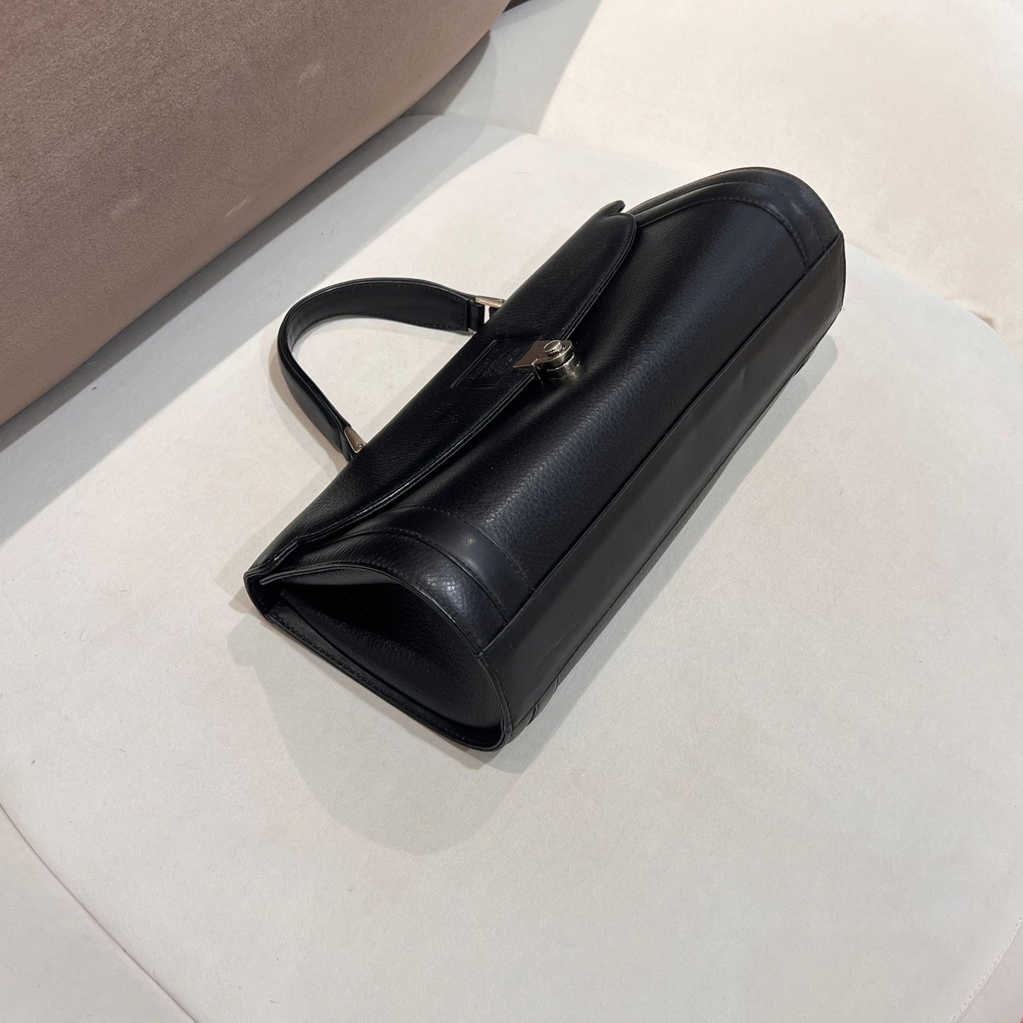 Burberry Vintage Black Grained Leather Cylindrical Top Handle Bag