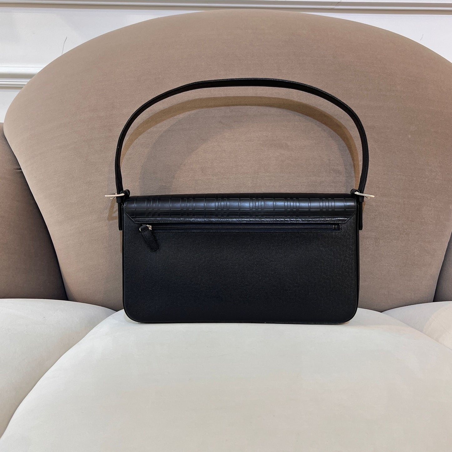 Burberry Vintage Embossed Check Black Leather Shoulder Bag